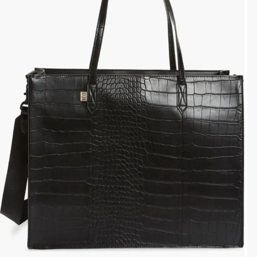 BEIS Black Croc-Embossed Tote Bag